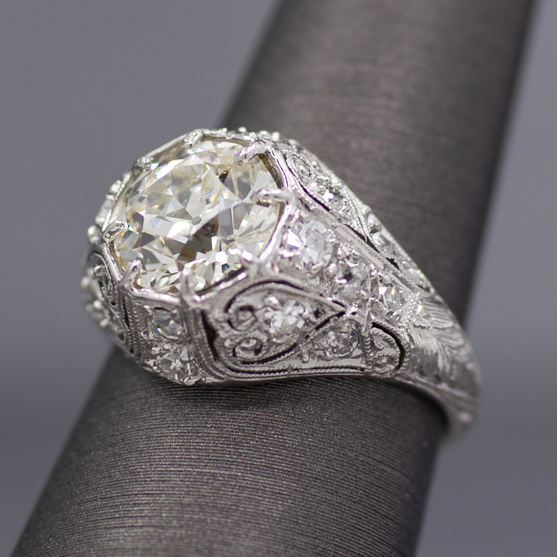 Art Deco GIA Certified 2.09ct Old European Cut Diamond Domed Engagement Ring in Platinum
