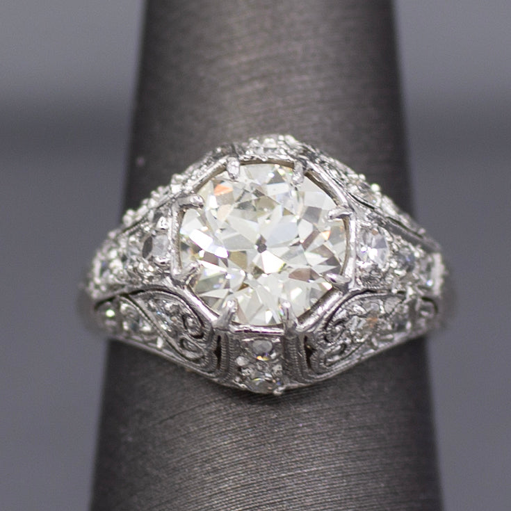 Art Deco GIA Certified 2.09ct Old European Cut Diamond Domed Engagement Ring in Platinum