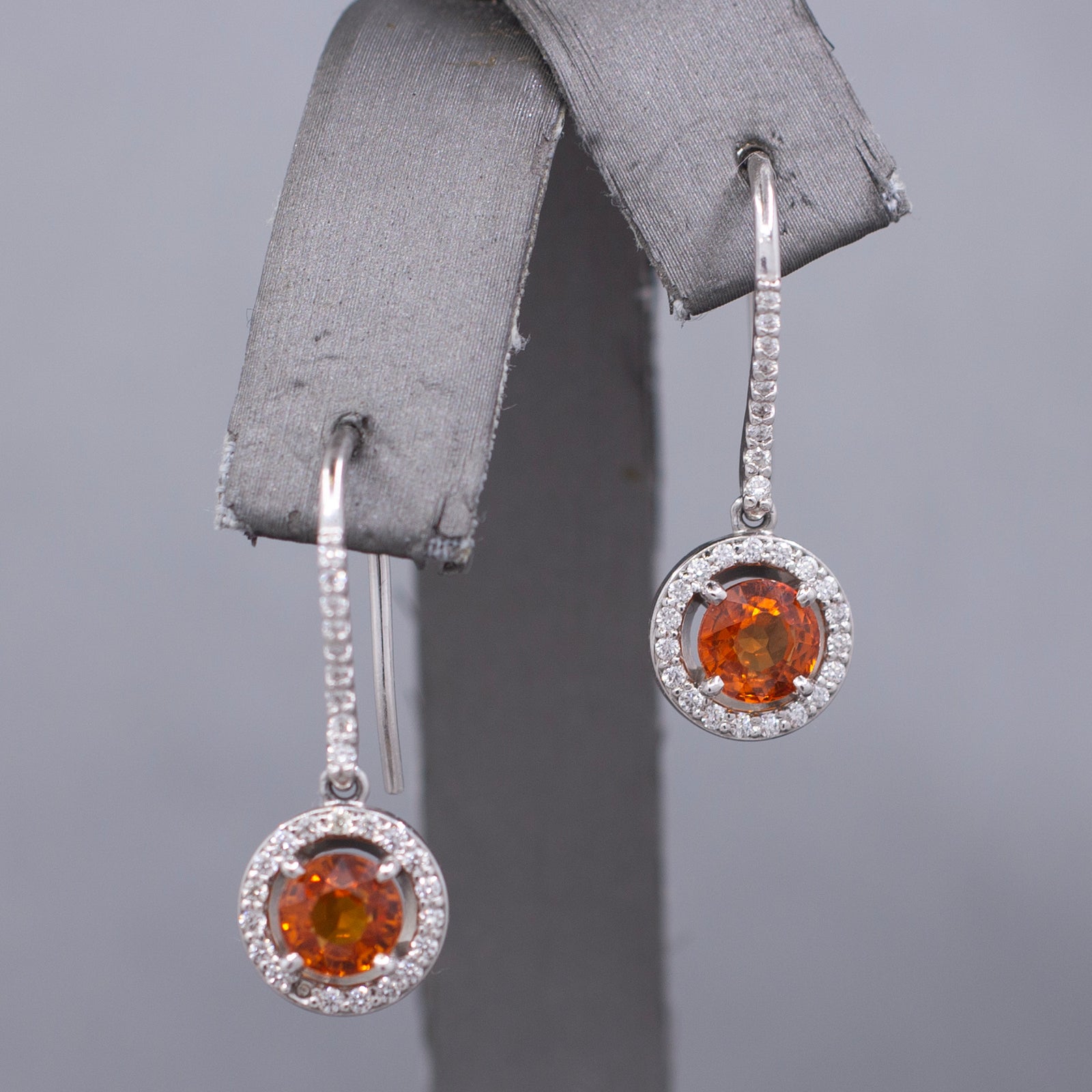 Fanta Orange Sapphire and Diamond Halo Dangle Earrings in 14k White Gold