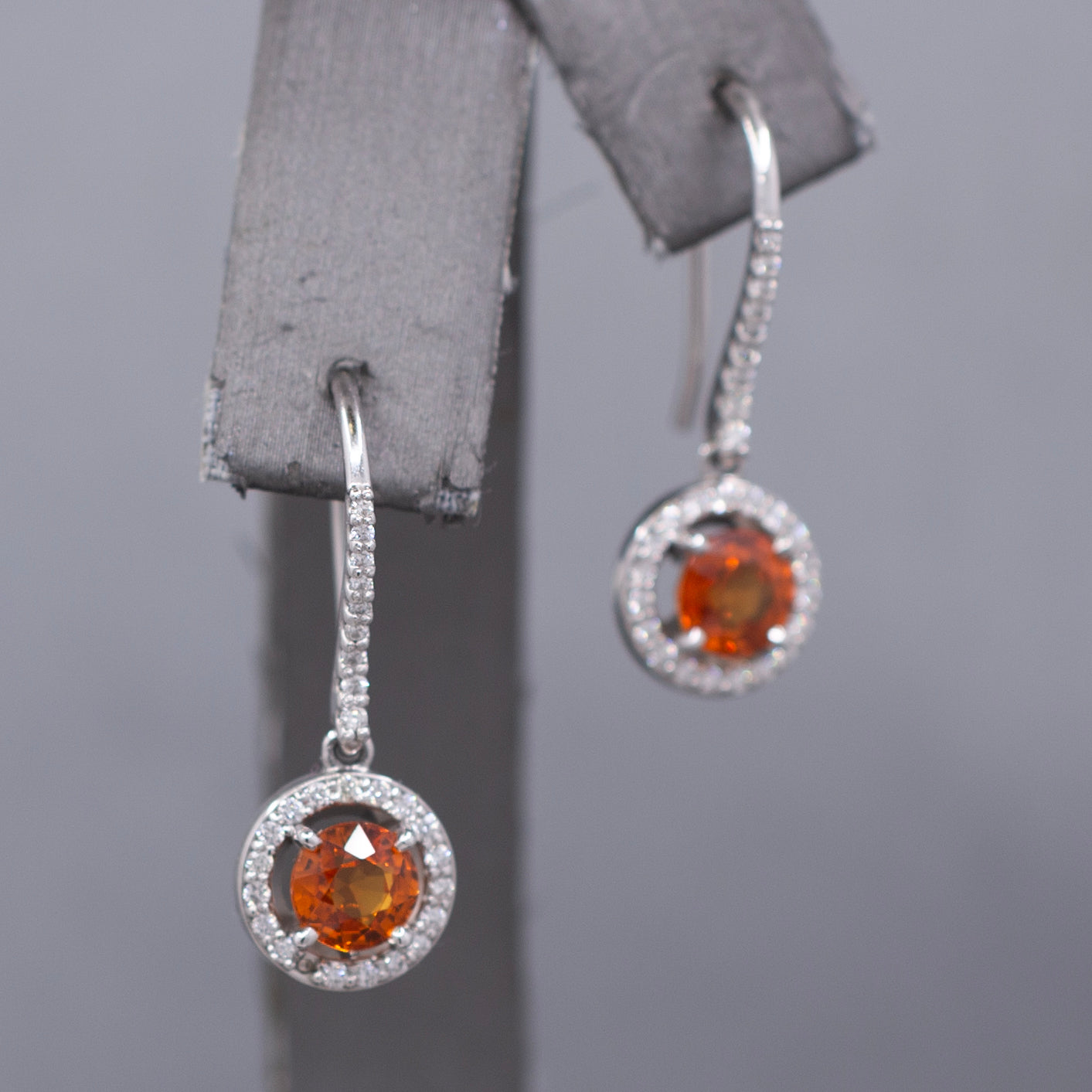 Fanta Orange Sapphire and Diamond Halo Dangle Earrings in 14k White Gold
