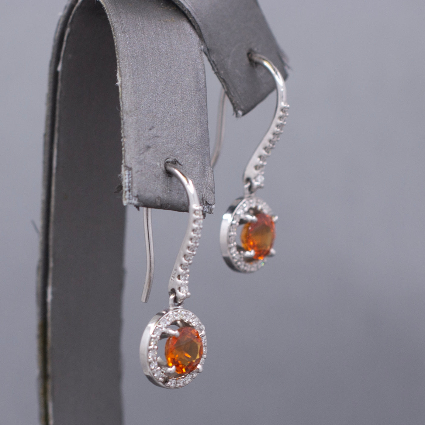Fanta Orange Sapphire and Diamond Halo Dangle Earrings in 14k White Gold
