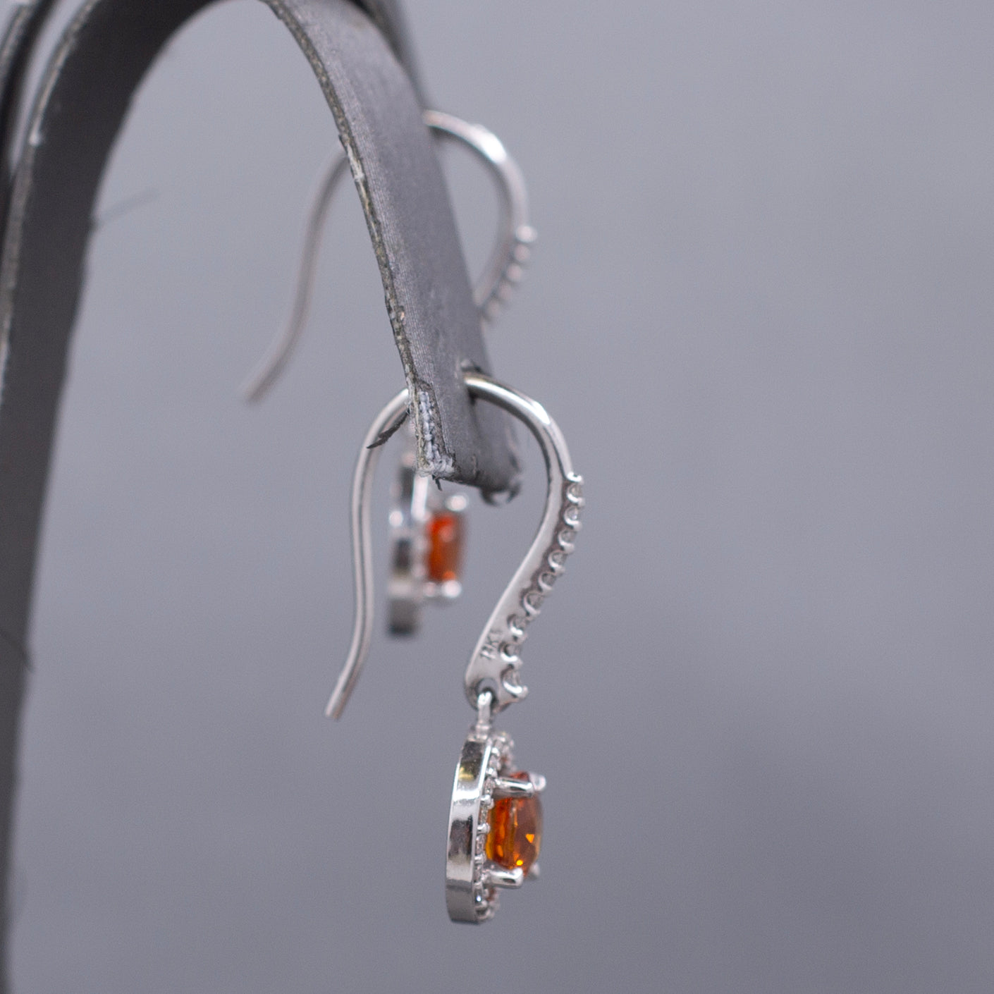 Fanta Orange Sapphire and Diamond Halo Dangle Earrings in 14k White Gold