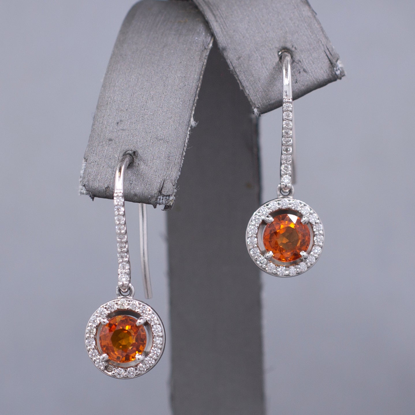 Fanta Orange Sapphire and Diamond Halo Dangle Earrings in 14k White Gold