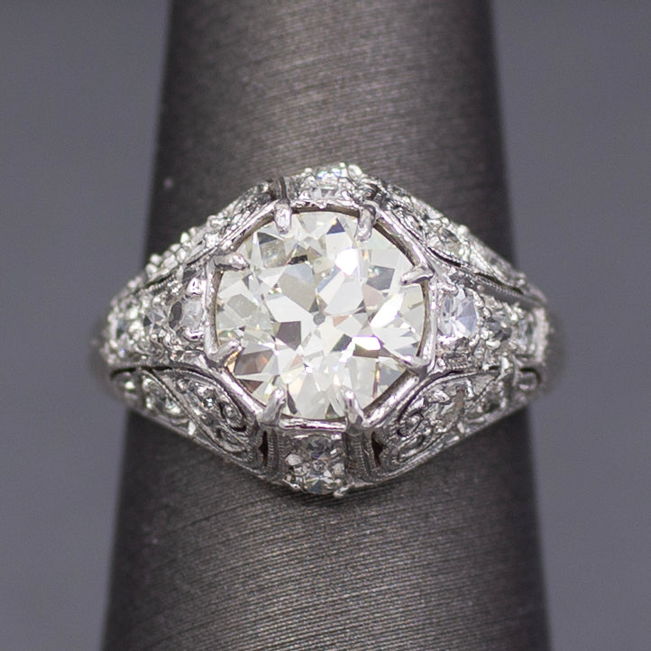 Art Deco GIA Certified 2.09ct Old European Cut Diamond Domed Engagement Ring in Platinum