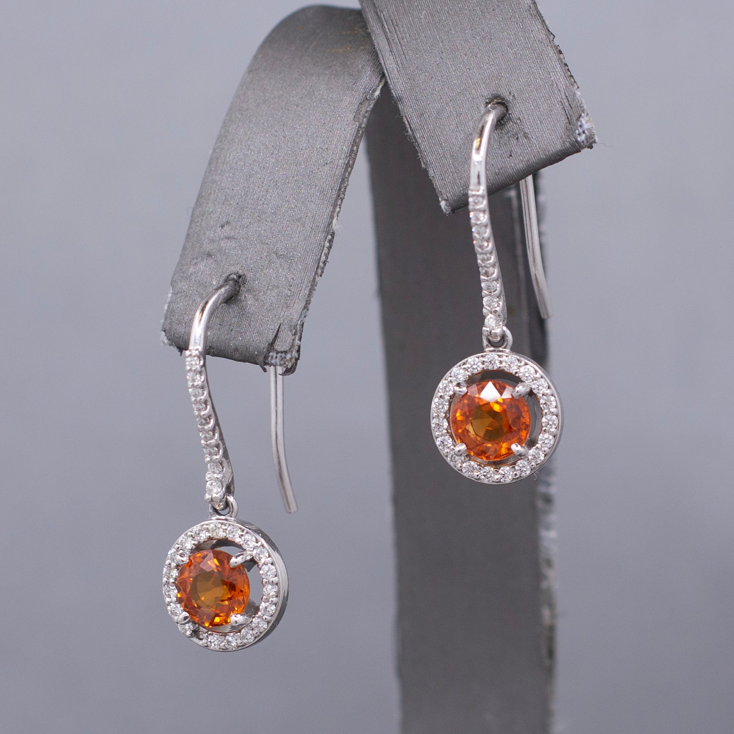 Fanta Orange Sapphire and Diamond Halo Dangle Earrings in 14k White Gold