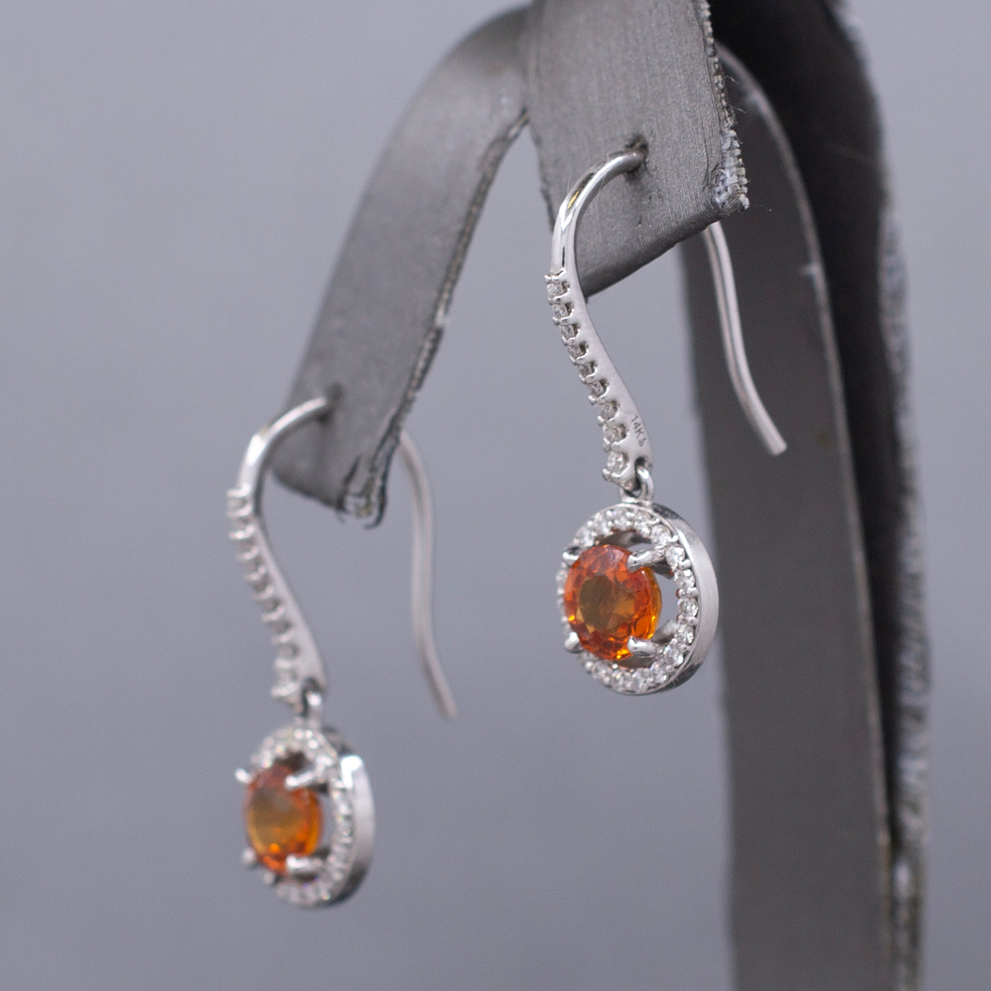 Fanta Orange Sapphire and Diamond Halo Dangle Earrings in 14k White Gold