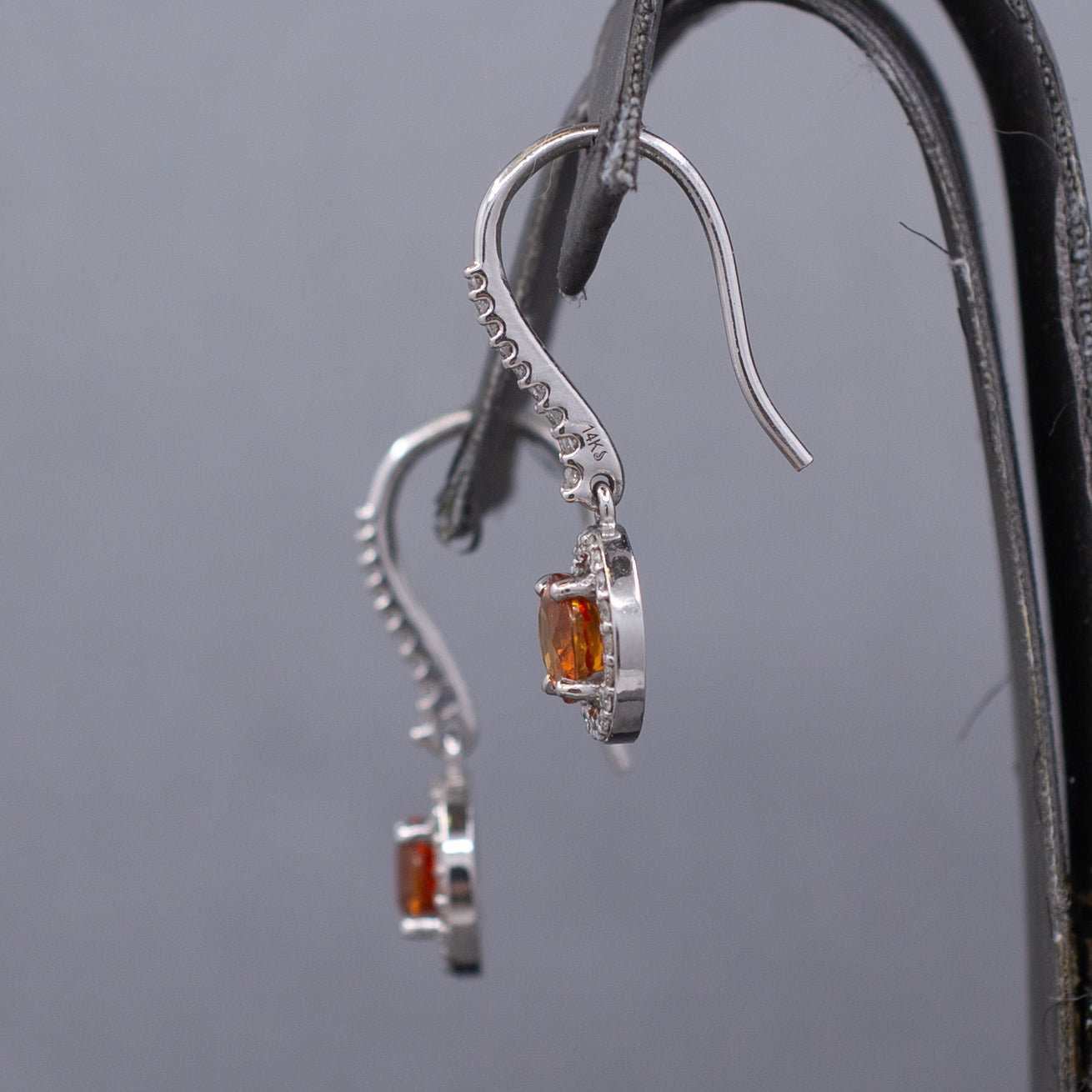Fanta Orange Sapphire and Diamond Halo Dangle Earrings in 14k White Gold