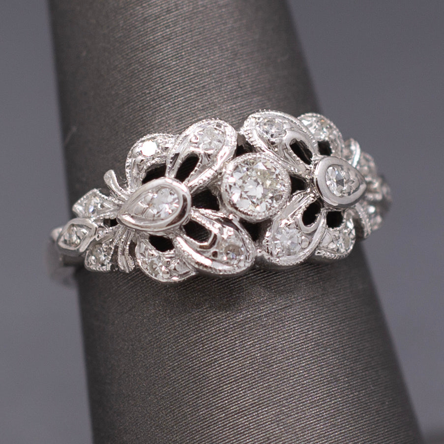 Beautiful Art Deco Butterfly Bow Diamond Band Ring in 14k White Gold