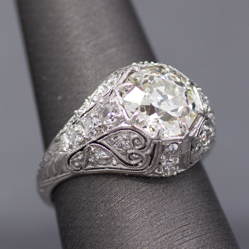 Art Deco GIA Certified 2.09ct Old European Cut Diamond Domed Engagement Ring in Platinum