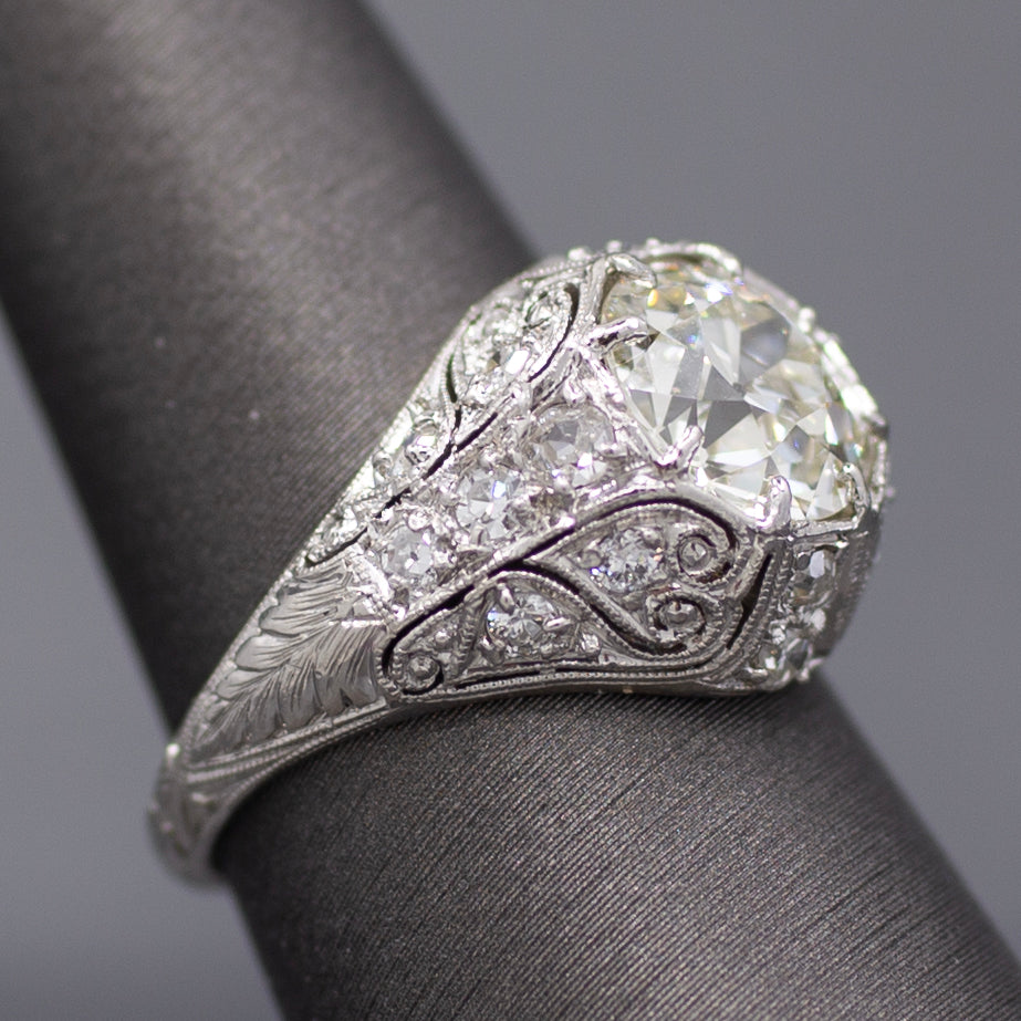 Art Deco GIA Certified 2.09ct Old European Cut Diamond Domed Engagement Ring in Platinum