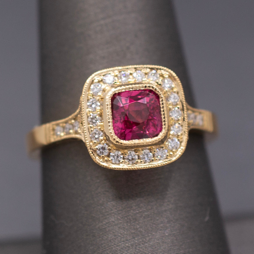 Handcrafted Vivid Pink Spinel and Diamond Ring in 18k Yellow Gold