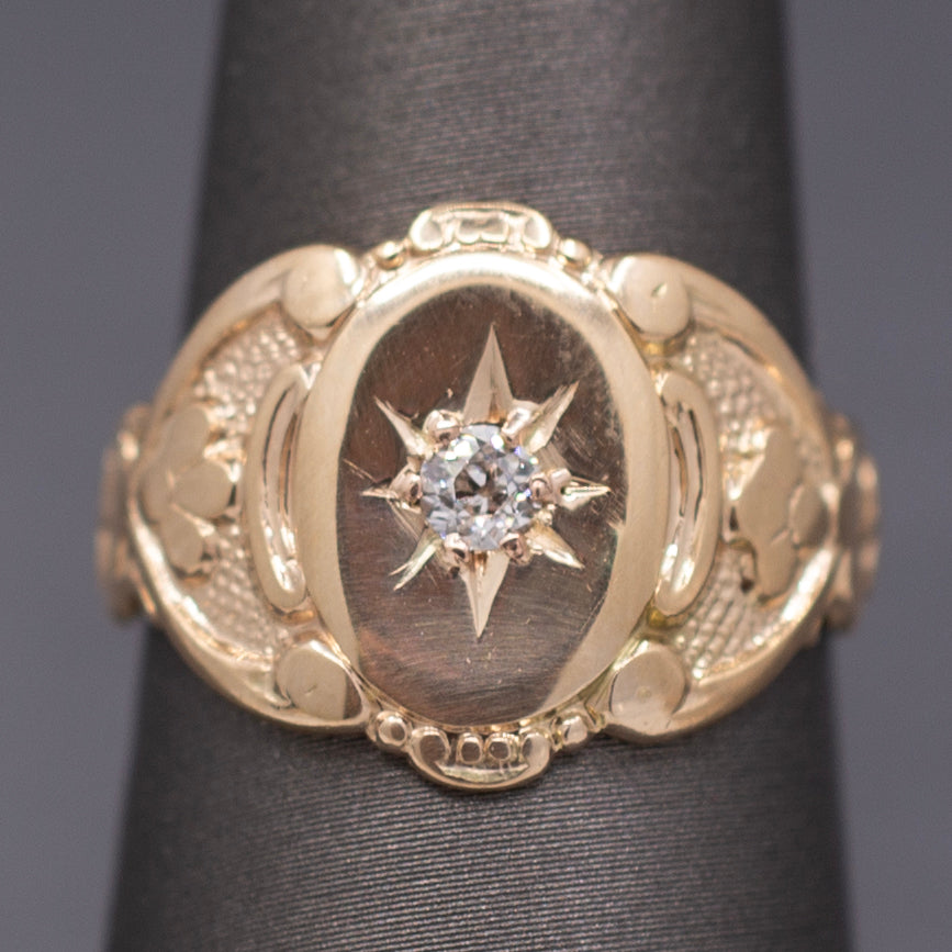 Antique Victorian Old Mine Cut Signet Style Ring in 14k Yellow Gold