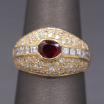 Luscious Ruby and Carre' Cut Diamond Domed Ring in Yellow Gold