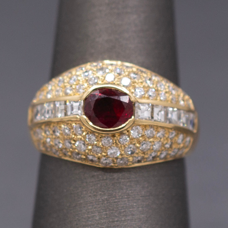 Luscious Ruby and Carre' Cut Diamond Domed Ring in Yellow Gold