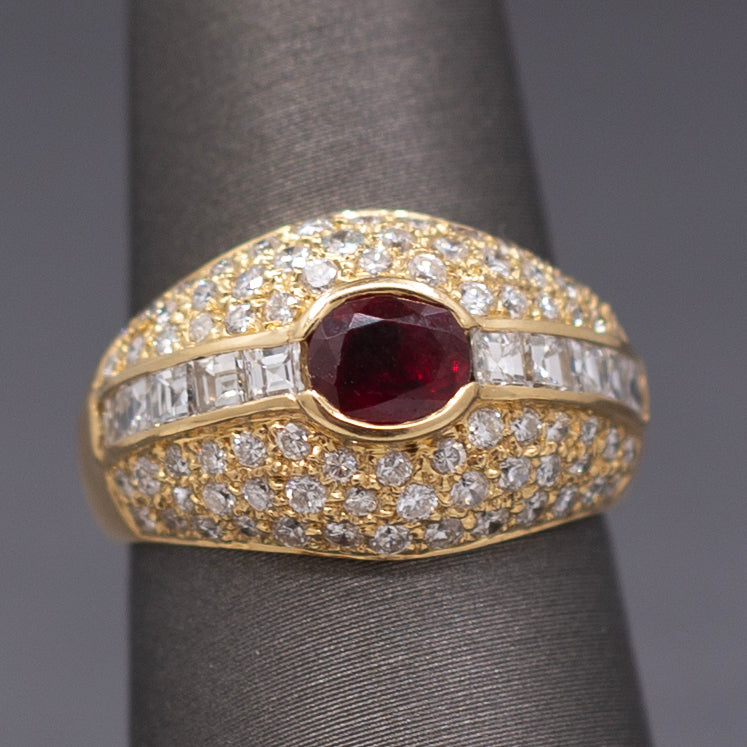 Luscious Ruby and Carre' Cut Diamond Domed Ring in Yellow Gold
