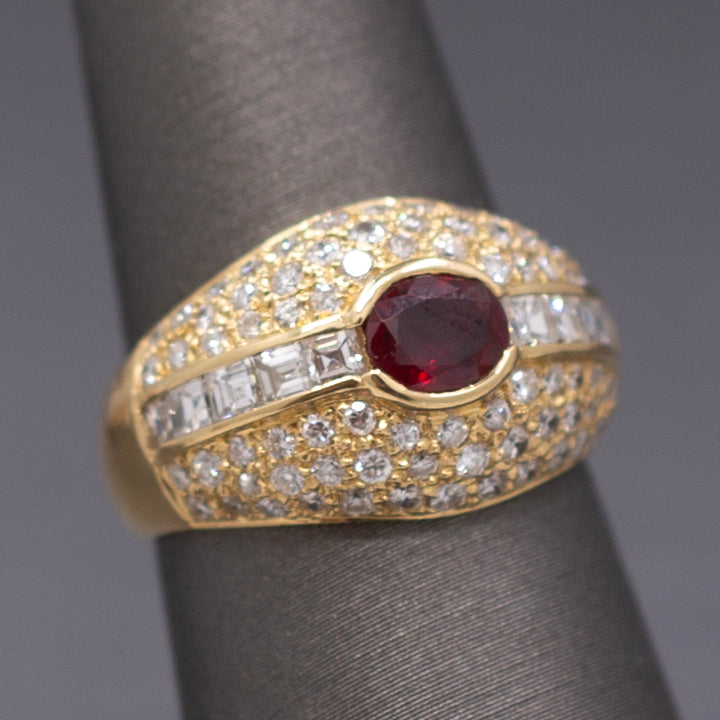 Luscious Ruby and Carre' Cut Diamond Domed Ring in Yellow Gold