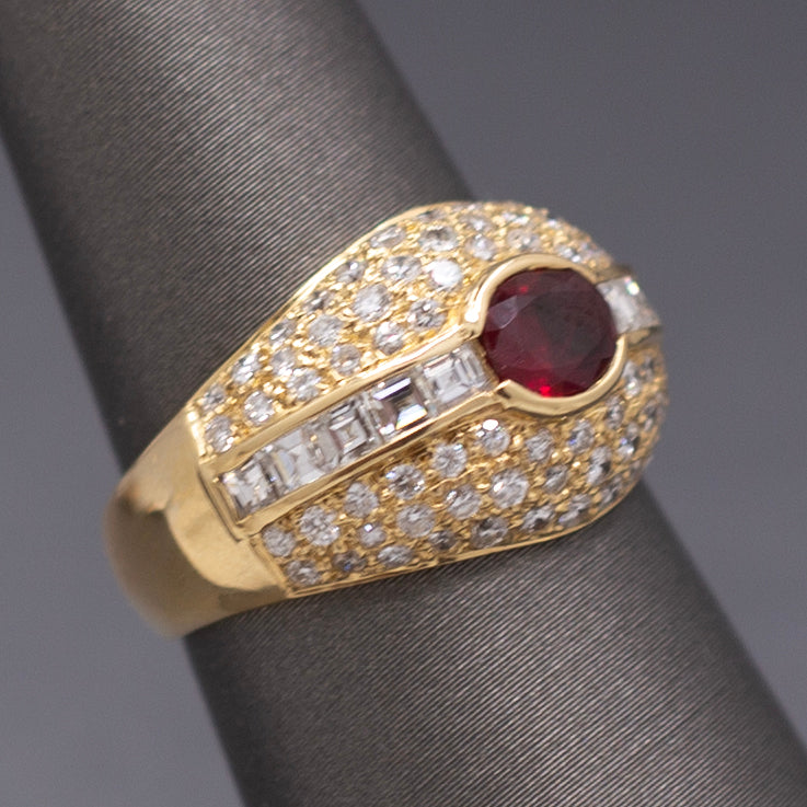 Luscious Ruby and Carre' Cut Diamond Domed Ring in Yellow Gold