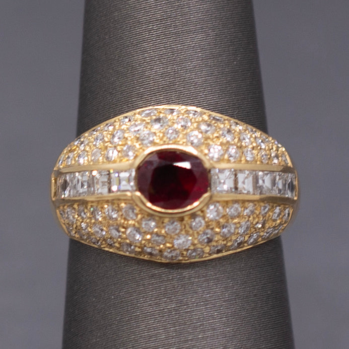 Luscious Ruby and Carre' Cut Diamond Domed Ring in Yellow Gold