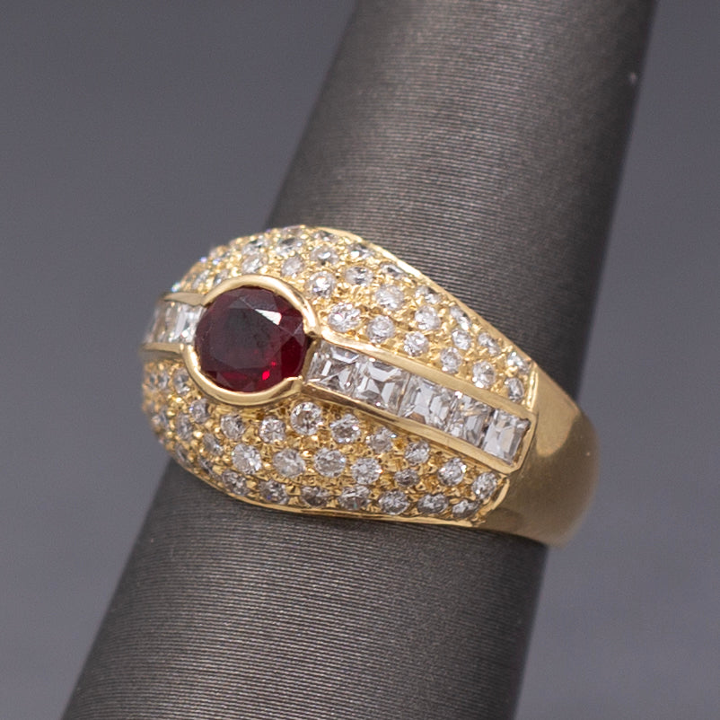 Luscious Ruby and Carre' Cut Diamond Domed Ring in Yellow Gold