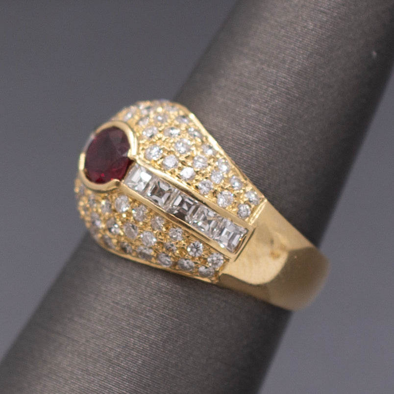 Luscious Ruby and Carre' Cut Diamond Domed Ring in Yellow Gold