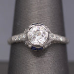 Art Deco Old European Cut Diamond & Sapphire Filigree Engagement Ring in Platinum