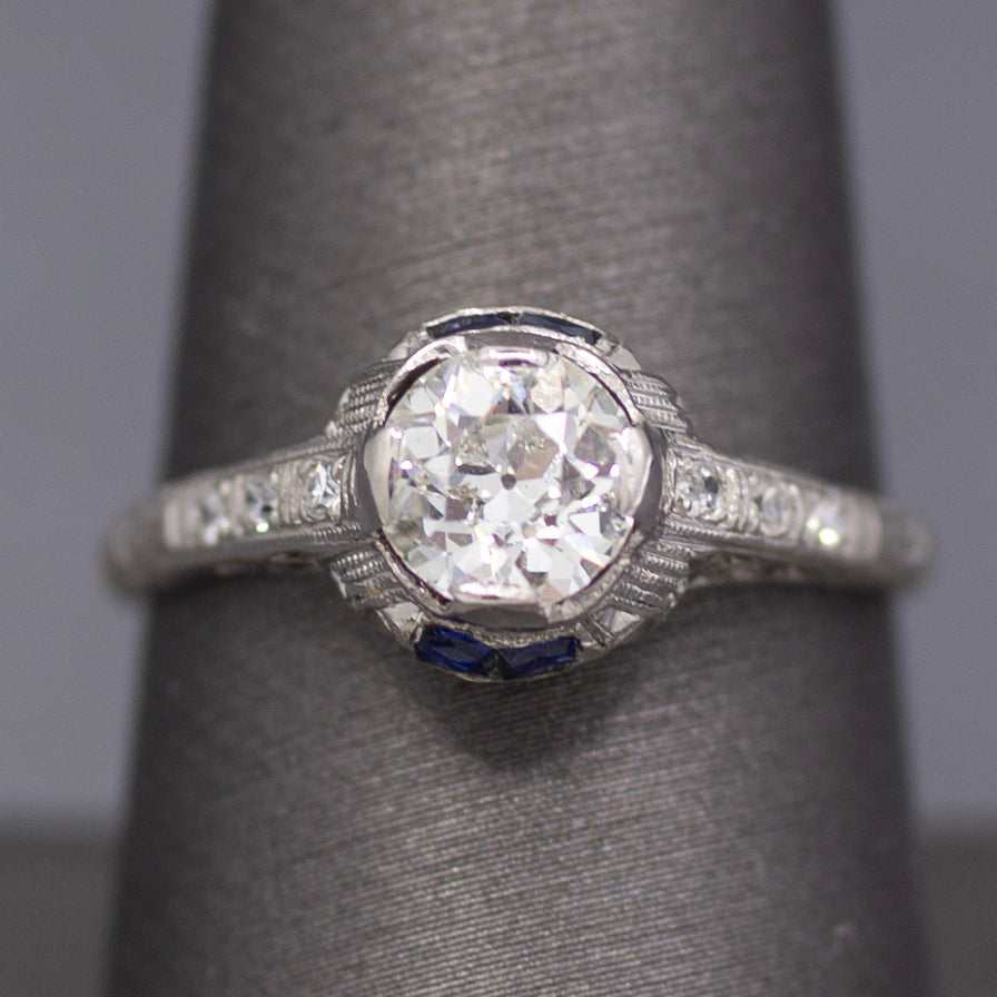 Art Deco Old European Cut Diamond & Sapphire Filigree Engagement Ring in Platinum