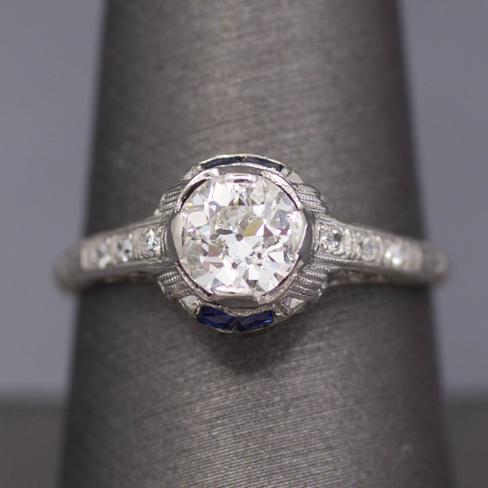 Art Deco Old European Cut Diamond & Sapphire Filigree Engagement Ring in Platinum