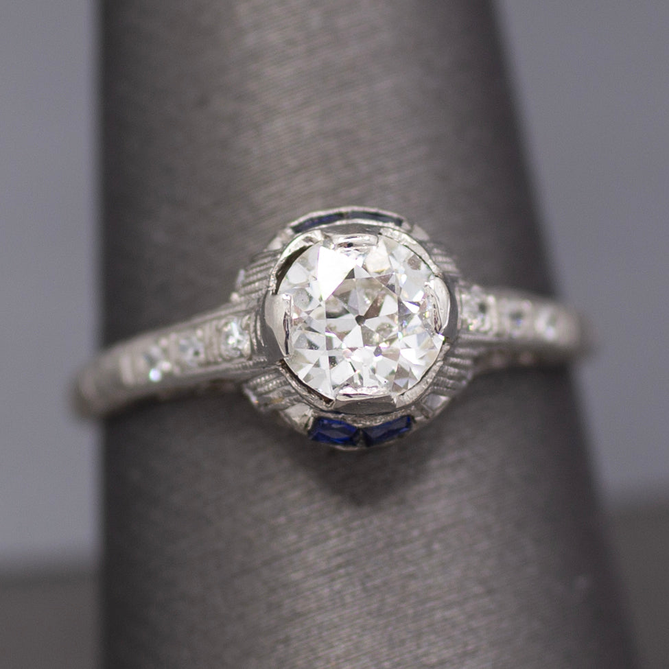 Art Deco Old European Cut Diamond & Sapphire Filigree Engagement Ring in Platinum