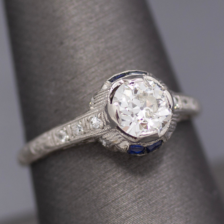 Art Deco Old European Cut Diamond & Sapphire Filigree Engagement Ring in Platinum