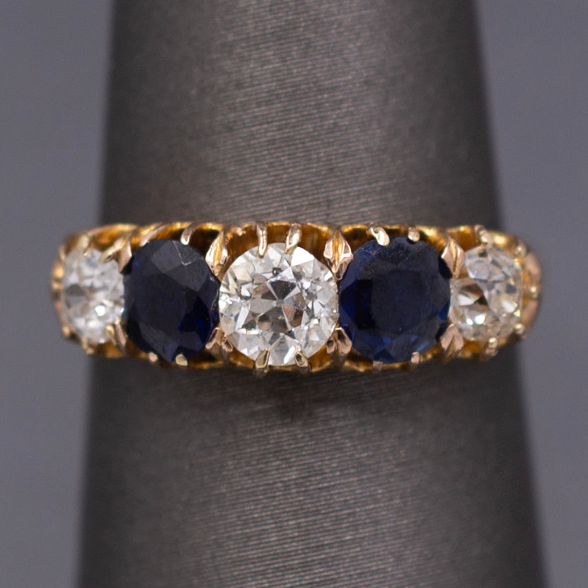 Antique Victorian Blue Sapphire and Old Mine Cut Diamond Ring in Rosy Gold