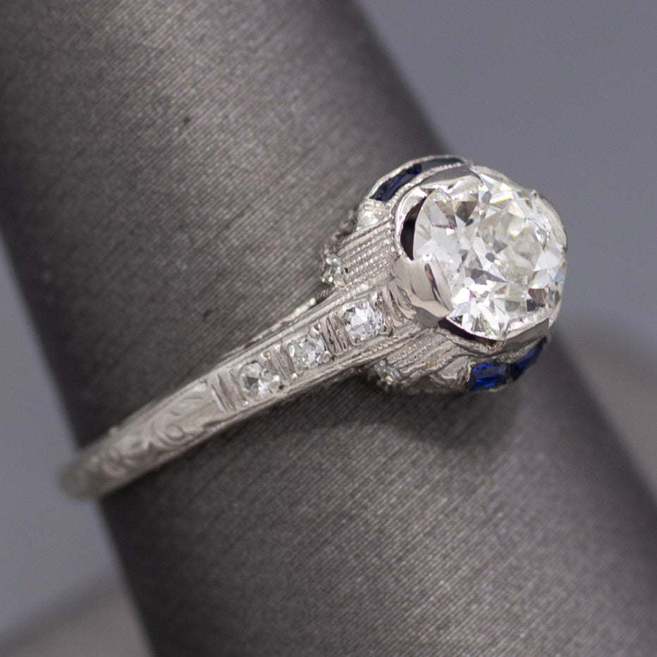 Art Deco Old European Cut Diamond & Sapphire Filigree Engagement Ring in Platinum
