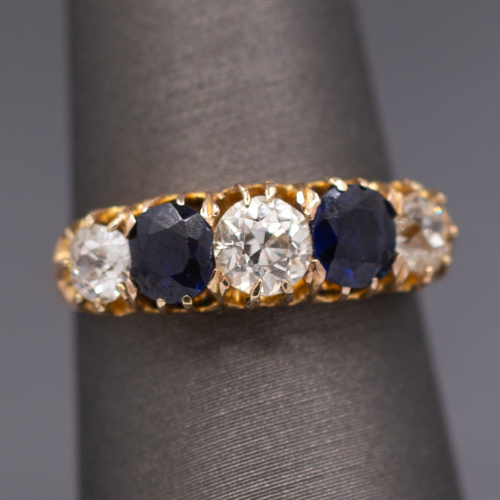 Antique Victorian Blue Sapphire and Old Mine Cut Diamond Ring in Rosy Gold