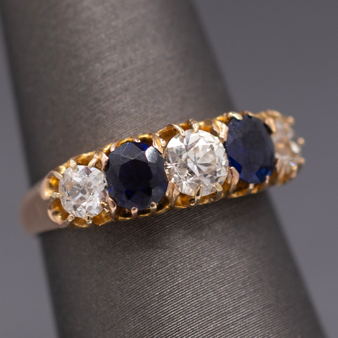 Antique Victorian Blue Sapphire and Old Mine Cut Diamond Ring in Rosy Gold