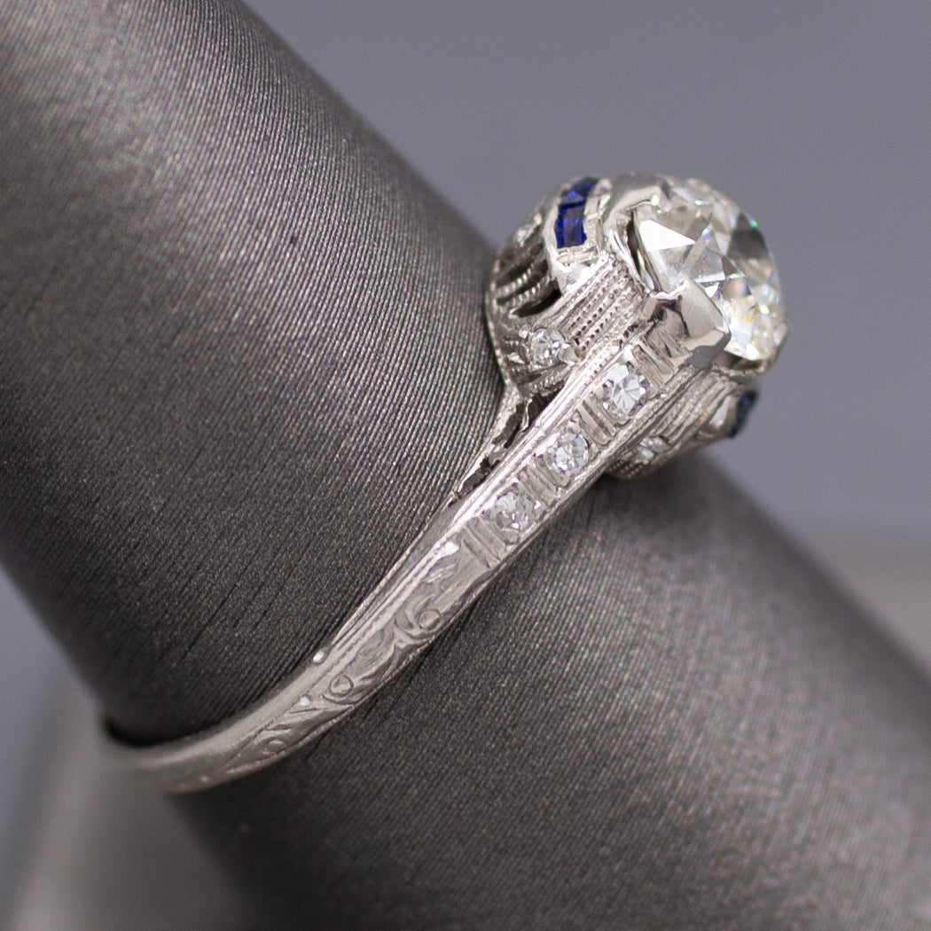 Art Deco Old European Cut Diamond & Sapphire Filigree Engagement Ring in Platinum