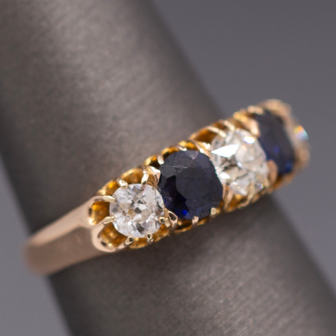 Antique Victorian Blue Sapphire and Old Mine Cut Diamond Ring in Rosy Gold