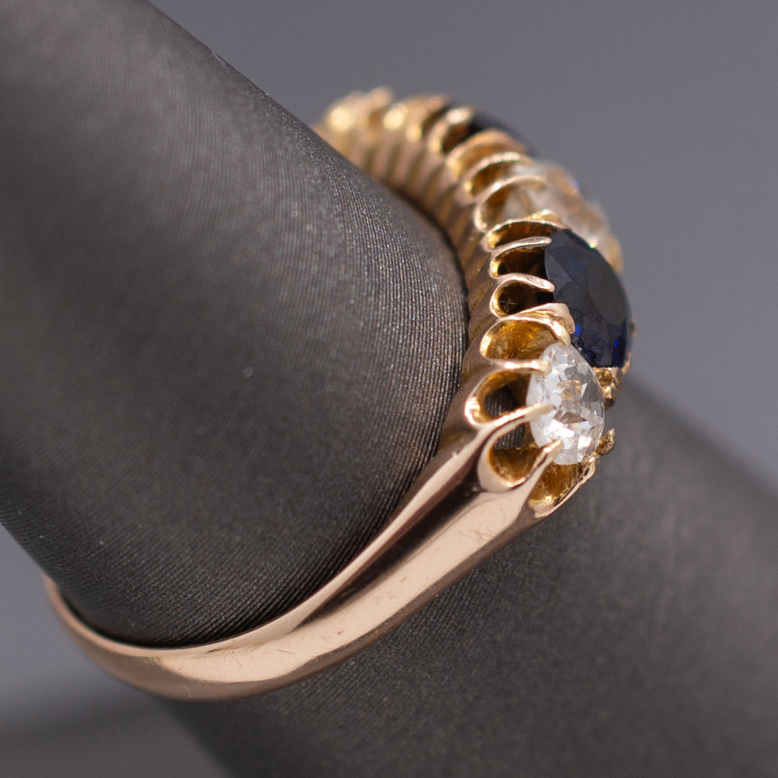 Antique Victorian Blue Sapphire and Old Mine Cut Diamond Ring in Rosy Gold