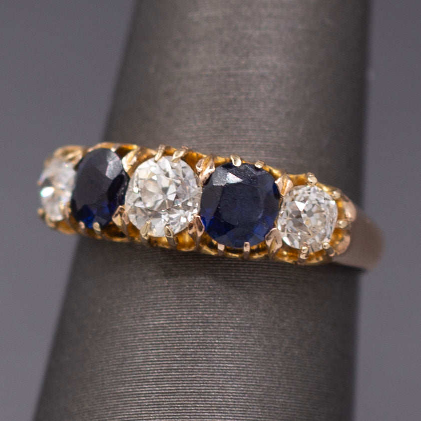 Antique Victorian Blue Sapphire and Old Mine Cut Diamond Ring in Rosy Gold