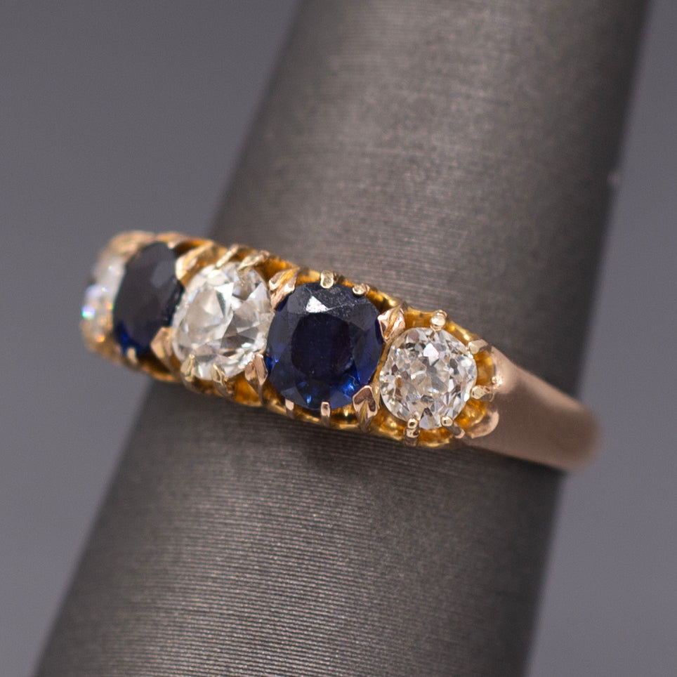 Antique Victorian Blue Sapphire and Old Mine Cut Diamond Ring in Rosy Gold