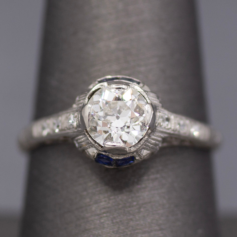 Art Deco Old European Cut Diamond & Sapphire Filigree Engagement Ring in Platinum
