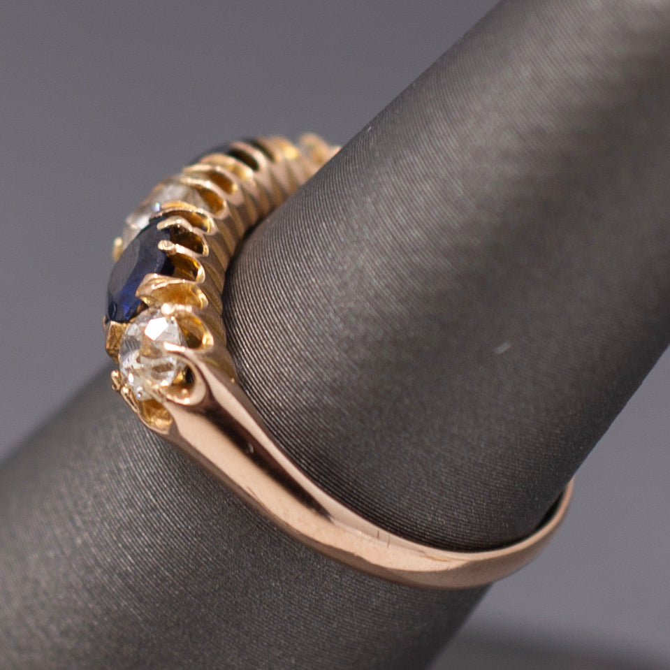 Antique Victorian Blue Sapphire and Old Mine Cut Diamond Ring in Rosy Gold