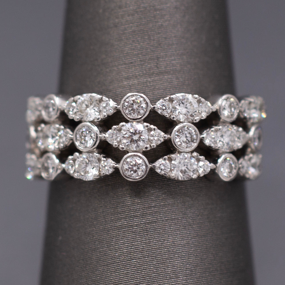 Sparkling Three Row Diamond Band Ring in 14k White Gold