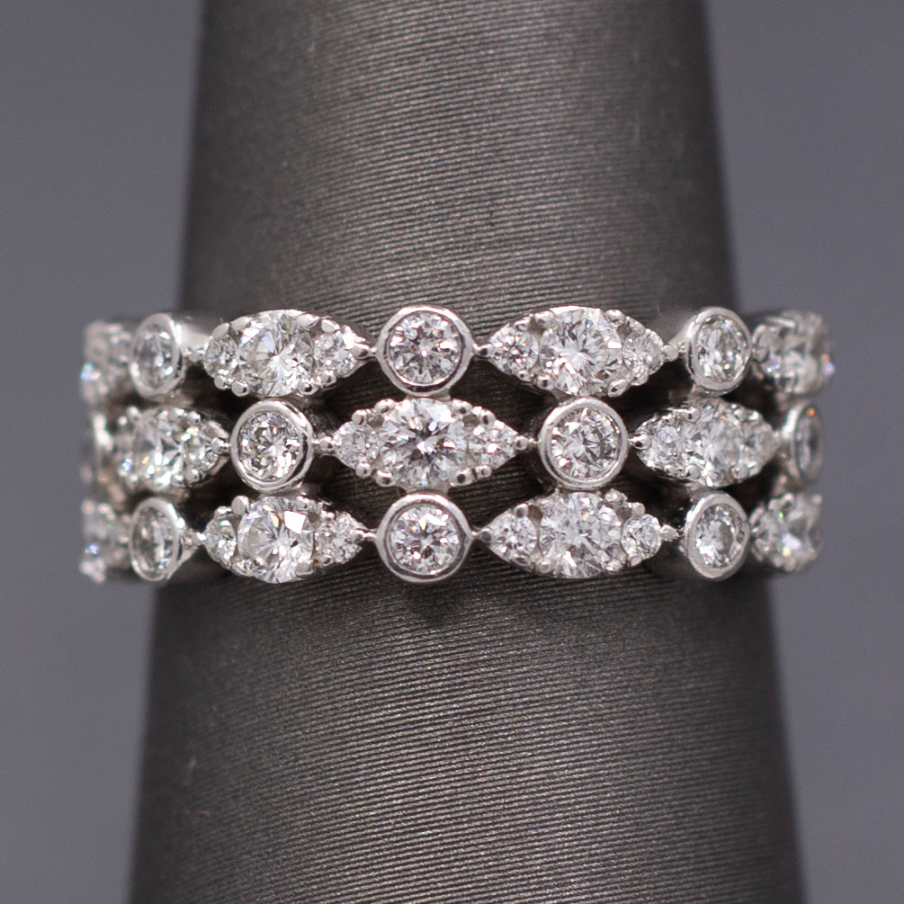 Sparkling Three Row Diamond Band Ring in 14k White Gold