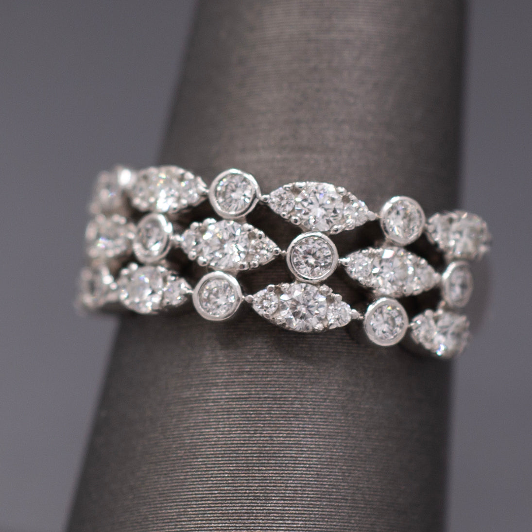 Sparkling Three Row Diamond Band Ring in 14k White Gold