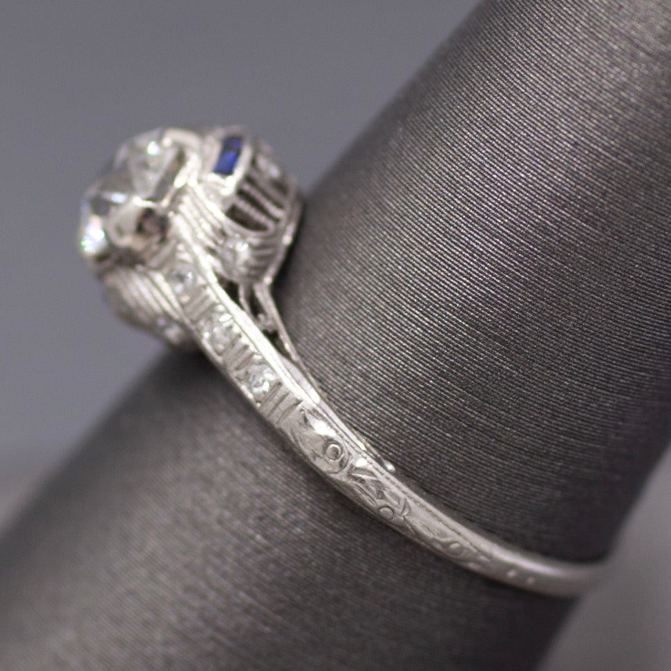 Art Deco Old European Cut Diamond & Sapphire Filigree Engagement Ring in Platinum