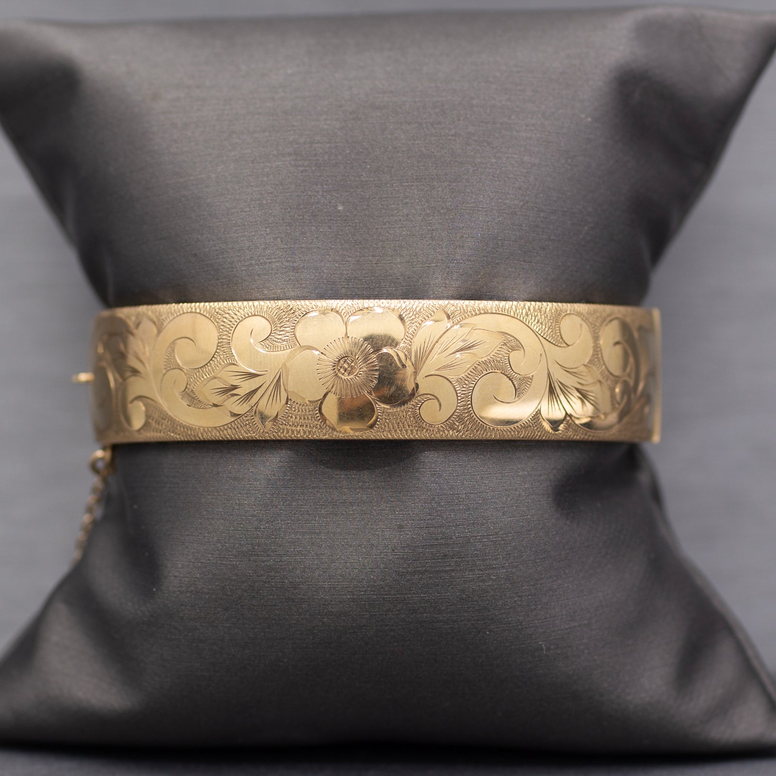 Vintage Floral Engraved Wide Bangle Bracelet in 9k Yellow Gold