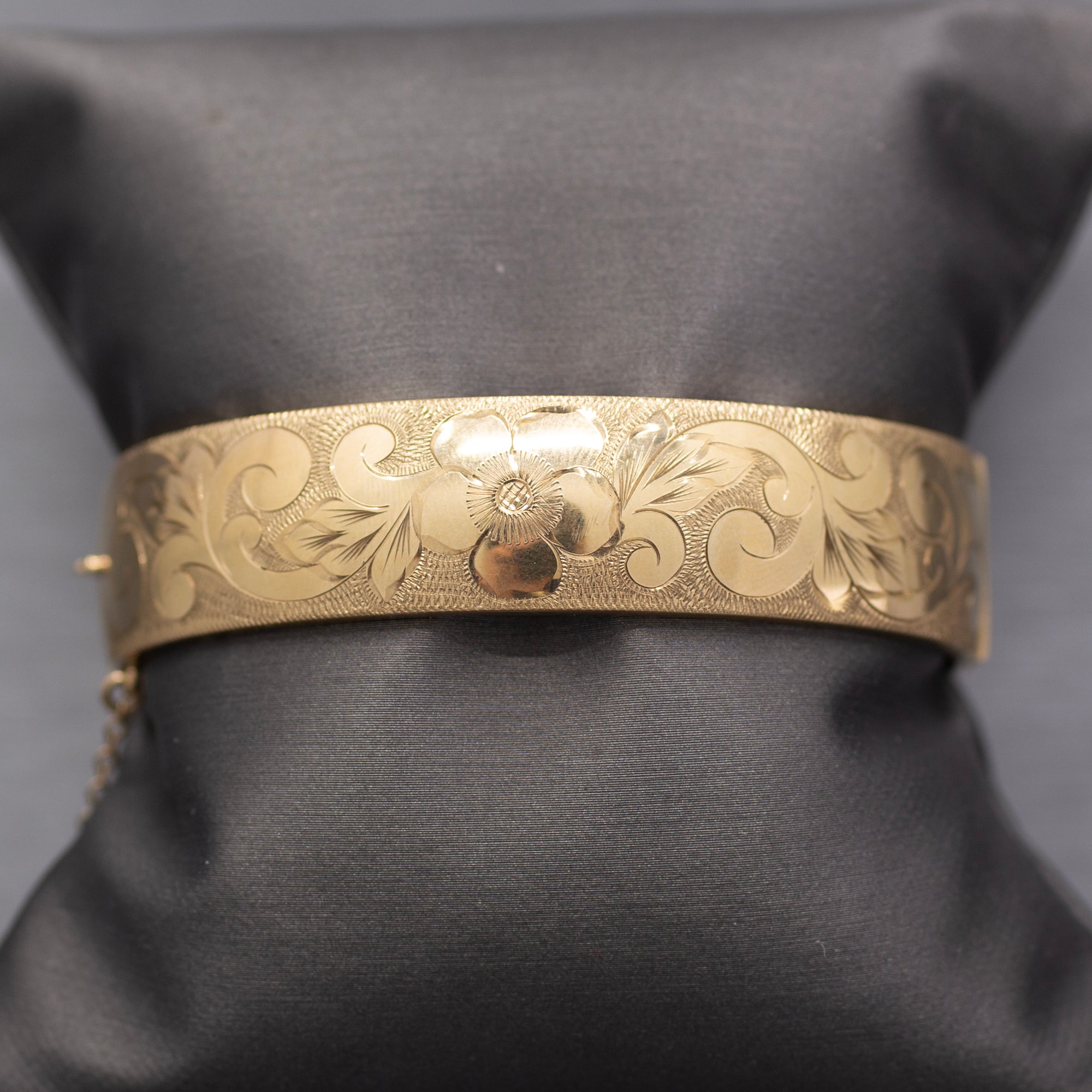 Vintage Floral Engraved Wide Bangle Bracelet in 9k Yellow Gold