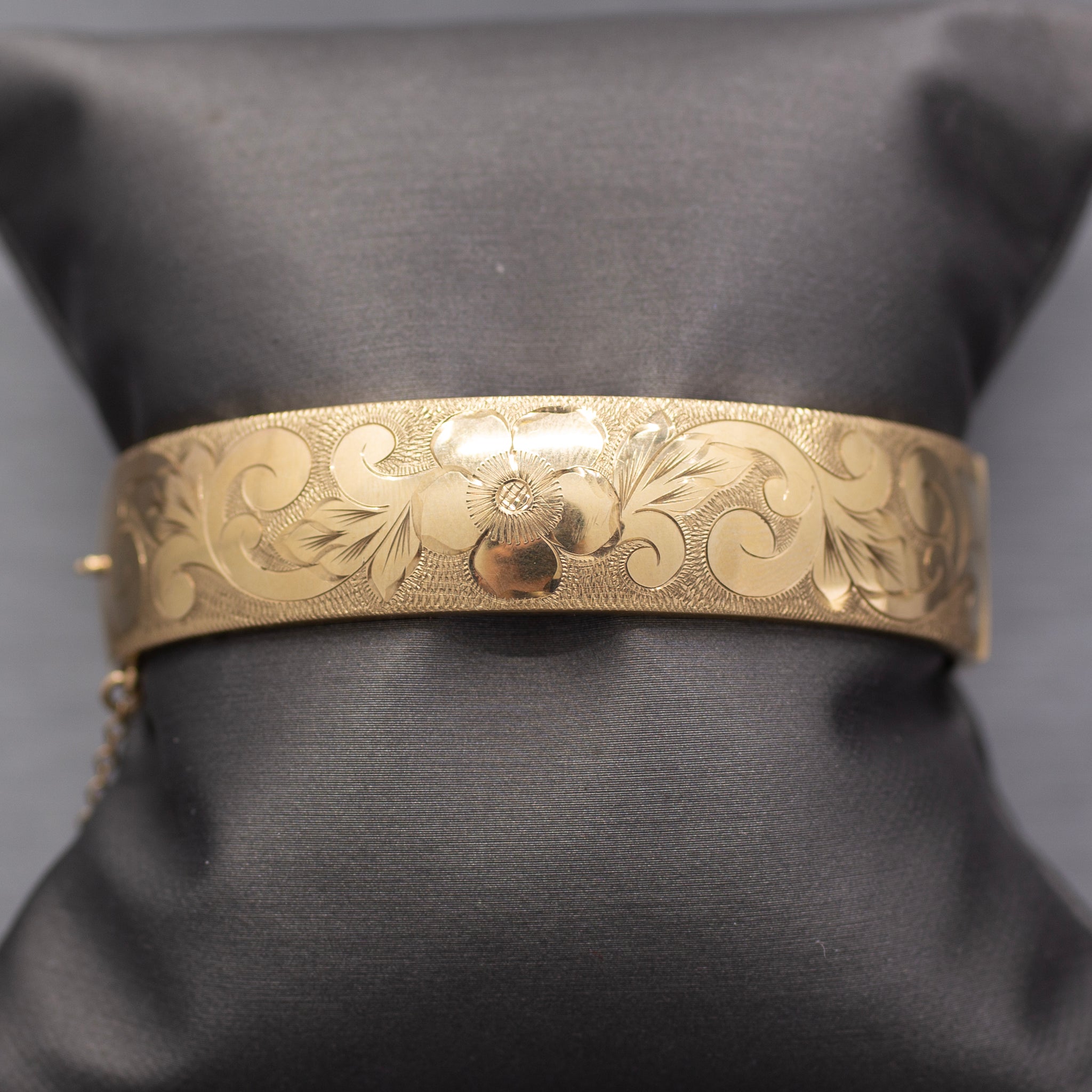 Vintage Floral Engraved Wide Bangle Bracelet in 9k Yellow Gold