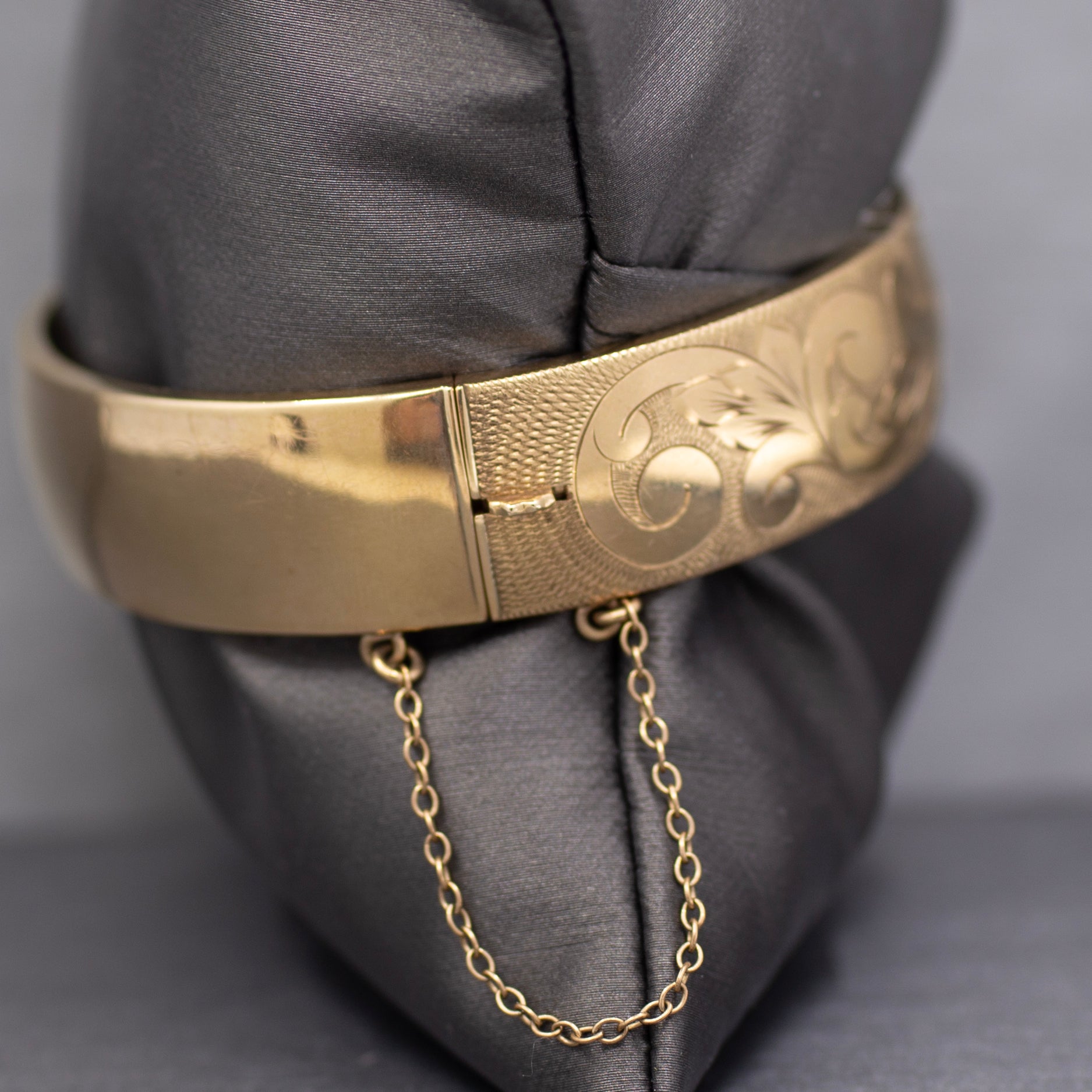 Vintage Floral Engraved Wide Bangle Bracelet in 9k Yellow Gold