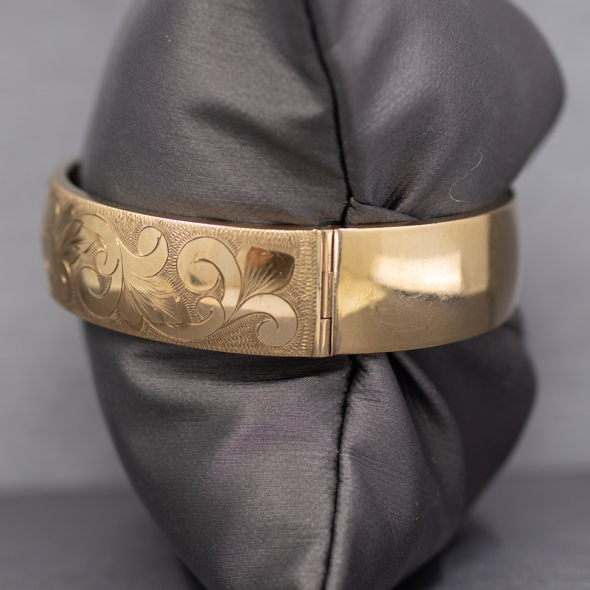 Vintage Floral Engraved Wide Bangle Bracelet in 9k Yellow Gold