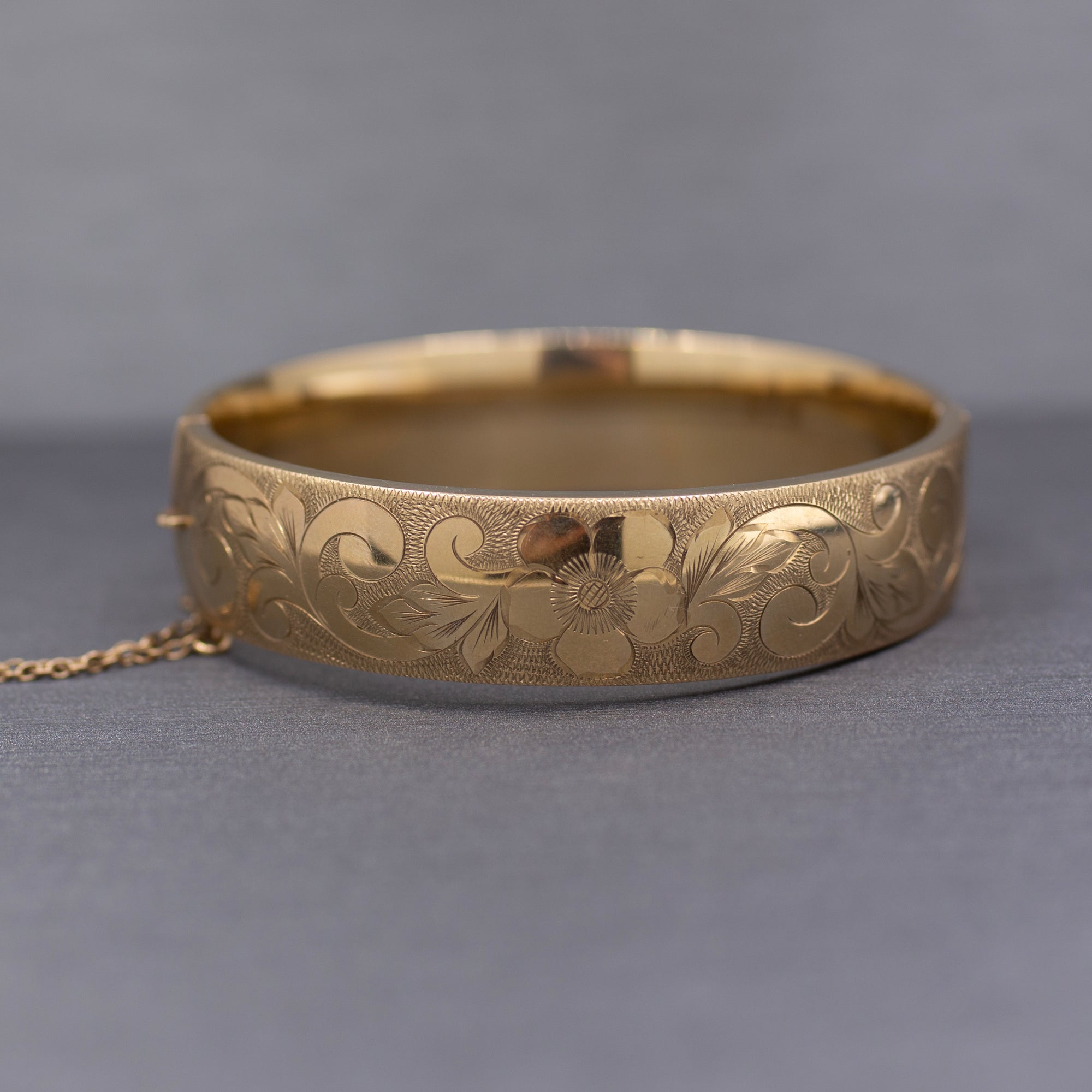 Vintage Floral Engraved Wide Bangle Bracelet in 9k Yellow Gold
